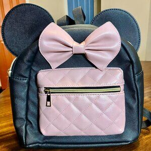 Black and Pink Disney Minnie Mouse Backpack Quilted Front Pocket Bow & Ears
